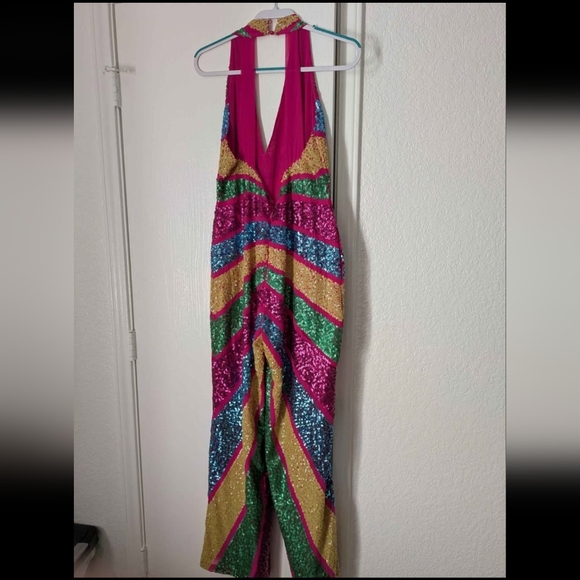 Nastygal Sequin Colorblock Plunge Wide Leg Jumpsuit - Size 10 - Missing a button - Picture 4 of 6